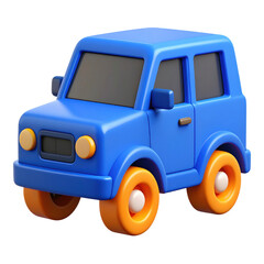 A colorful toy car with a blue body and orange wheels, designed for children’s play. cut out. transparent background