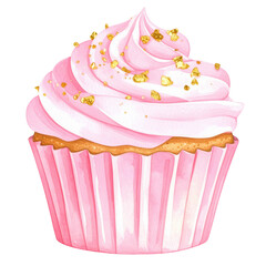 Cupcake with pink frosting and golden sprinkles on a textured base. cut out. transparent background