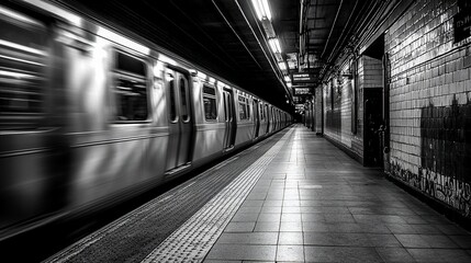 Black and white subway train moving through a station
