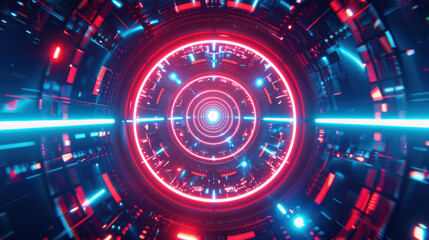 Futuristic kaleidoscopic pattern with vibrant red and blue lights rotating around central axis, creating mesmerizing visual effect