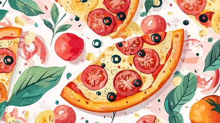 Pizza slices pattern, fresh ingredients, appetizing food graphic