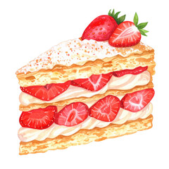 Delicious slice of strawberry cake topped with fresh strawberries and cream layers. cut out. transparent background