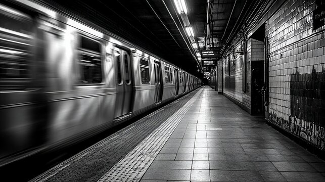 Black and white subway train moving through a station - Powered by Adobe