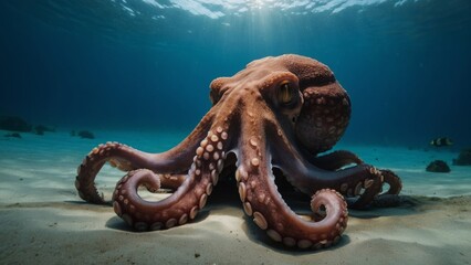 Octopus resting on sandy ocean floor in shallow waters with sunlight streaming from the surface