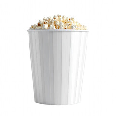 A white popcorn container filled with popped corn. cut out. transparent background