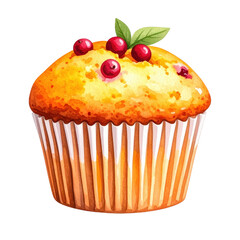 A delicious muffin topped with berries and a leaf garnish. cut out. transparent background