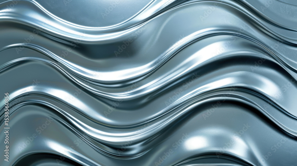 Poster metallic silver lines create abstract ripple curves, showcasing smooth and reflective surface that e