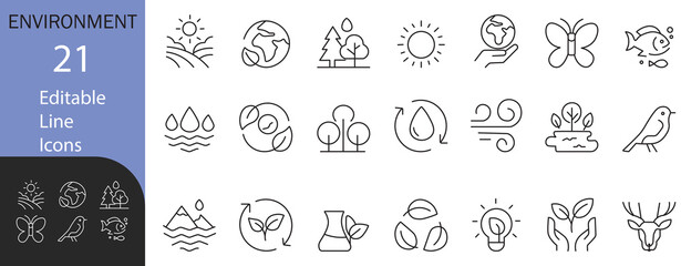 Environment line icon set featuring nature, wildlife, energy, and sustainability themes. Perfect for eco campaigns, green tech, and climate-related visuals.