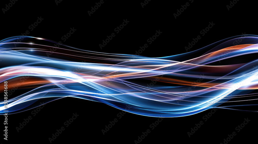 Poster multicolored light waves flowing gracefully across dark background, creating mesmerizing visual effe