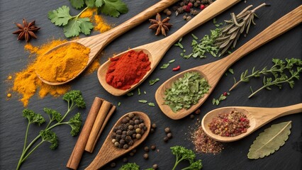 Colorful Spices and Herbs in Wooden Spoons on Dark Textured Background