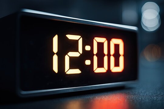 Digital clock showing 12:00 with glowing orange digits in a dark environment