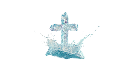Water cross shape, a symbol of faith and purity, liquid motion on dark background