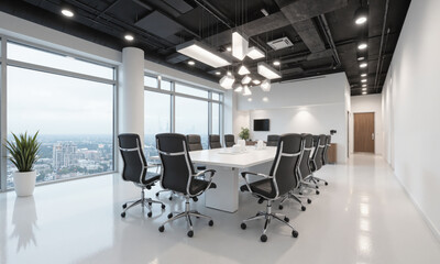 Minimalist conference room with a sleek white table, black leather chairs, and geometric light fixtures. Task lighting emphasizes the table and meeting space,