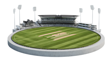 Architectural 3D Render of Cricket Stadium with Field Lights and Grandstand