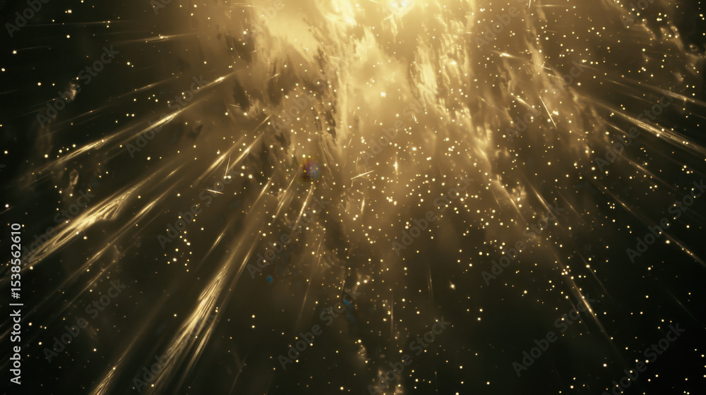 Poster radiant light bursts create abstract starfield effect, illuminating dark background with shimmering 