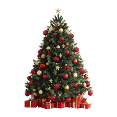 Festive christmas tree adorned with decorations against a black background