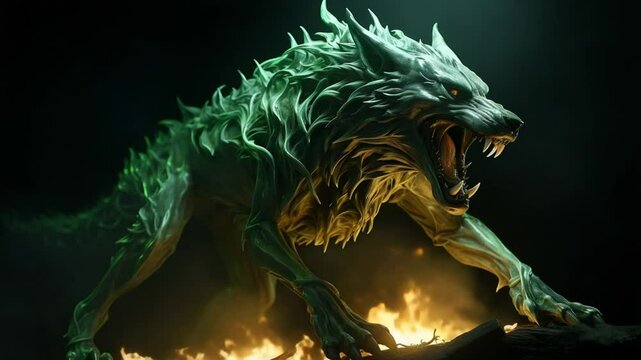 Fantasy Green Wolf Emerging from Fire in Dark Environment - Mythical Creature