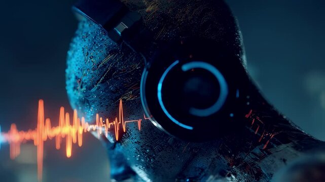Urban dweller wearing headphones experiencing mental stress, surrounded by glowing brain waves in futuristic cityscape, reflecting psychological pressure and technological sensory overload
