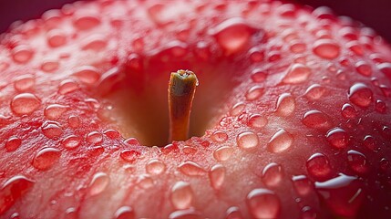 Close-up of a wet red apple, focus on stem and droplets
