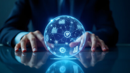 Glowing holographic globe with digital business and data icons floating above a reflective surface and surrounded by a businessman's hands in a dark futuristic environment
