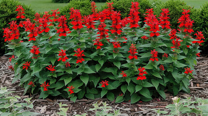 Scarlet salvias blooming in garden bed, showcasing vibrant red flowers surrounded by lush green foliage, creating lively atmosphere