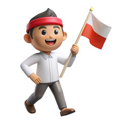 3d cartoon boy walking with polish flag isolated on transparent background