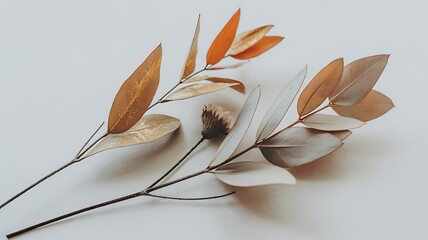 Dried branches with gold accents on white background