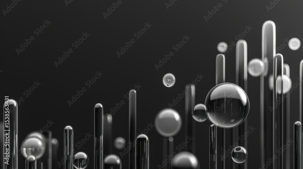Poster transparent bubbles and vertical lines create abstract composition, evoking sense of depth and movem