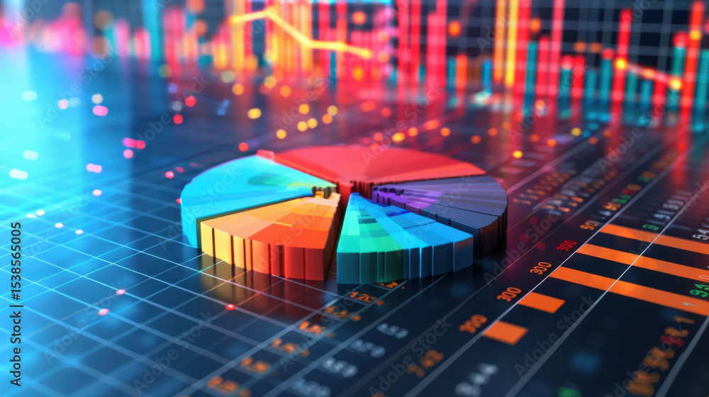 Poster sliced pie chart rendered in 3d above data matrix with colorful segments and vibrant background, ill