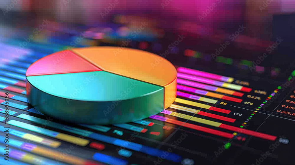 Poster vibrant pie chart displayed above colorful data matrix, showcasing data visualization in modern styl
