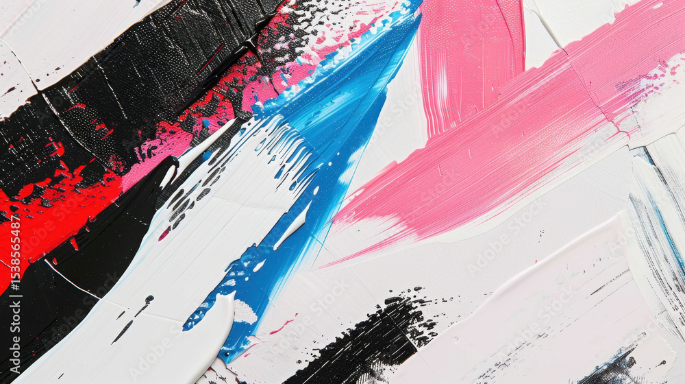 Poster vibrant brush strokes in bold colors create dynamic abstract texture, showcasing layers of paint in 