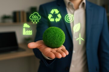 Hand Holding Green Spherical Earth/Globe with Environmental Icons, Representing Sustainable Development & Eco-Friendly Solutions.