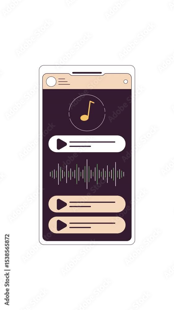 Poster music streaming app interface with soundwave visualizer 2d cartoon vertical animation. musical note,