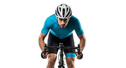 Cyclist Riding Bike Front View in Blue Jersey and Helmet