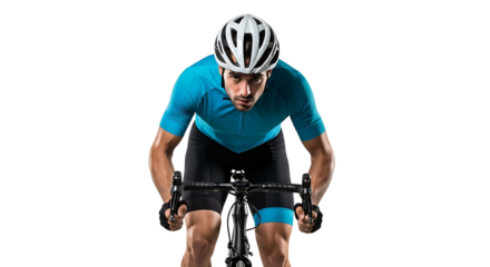 Cyclist Riding Bike Front View in Blue Jersey and Helmet