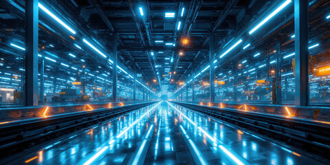 Industrial Interior Neon Lights Futuristic Tunnel Perspective view of blue illuminated metallic corridor