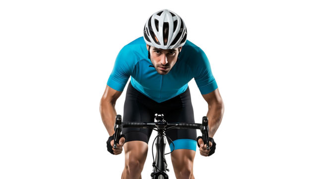 Cyclist Riding Bike Front View in Blue Jersey and Helmet