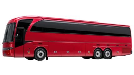 Sleek red coach bus isolated against a clean black backdrop studio shot