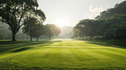 Serene golf course with smooth, lush green grass under soft sunlight, creating peaceful atmosphere for relaxation and enjoyment