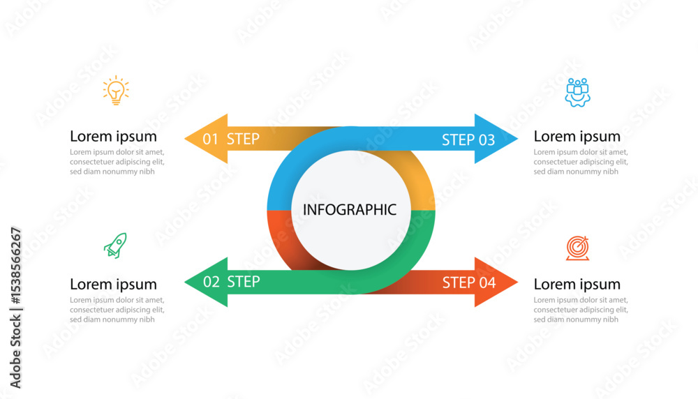 Poster 4 step infographic. 4 line arrow on circle concept. Business information graphic can be used for workflow, presentation, worksheet and web graphic design 