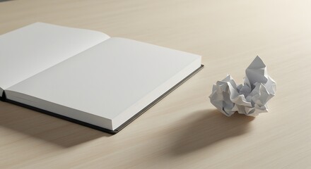 Fototapeta premium Crumpled Paper beside Open Notebook – Overcoming Concept