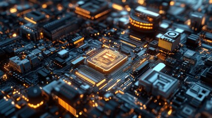 Illuminated circuit board with intricate design highlights technological advancement