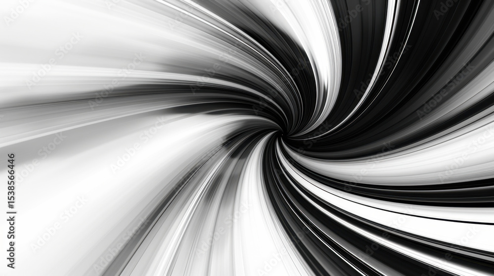 Poster dynamic black and white vortex design with smooth radial blur creating sense of chaos and movement, 