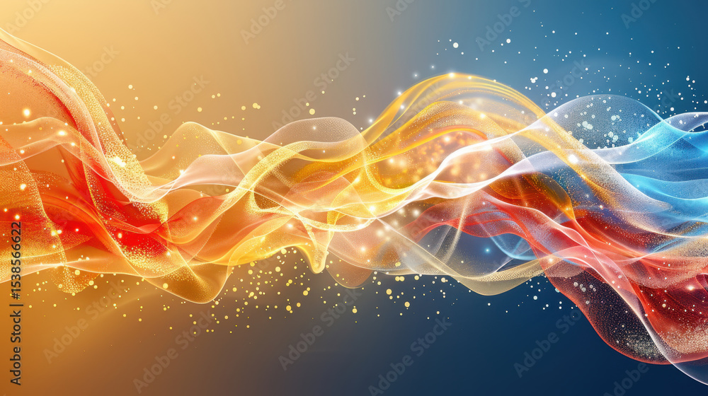 Poster flowing waves of vibrant colors create mesmerizing visual effect, blending warm and cool tones in dy