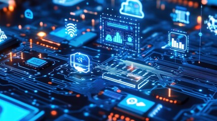 Obraz premium Futuristic digital network connection abstract background with integrated circuit board