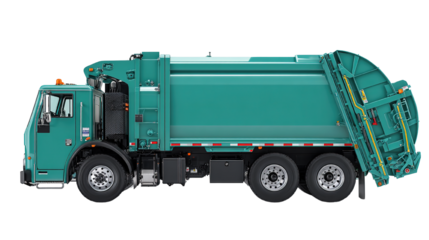 Side view of a green garbage truck isolated on black background in high definition
