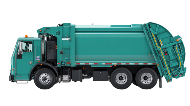 Side view of a green garbage truck isolated on black background in high definition