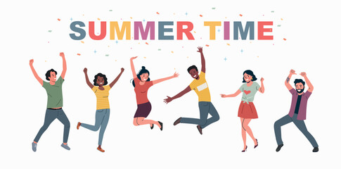 Different happy young women and men dancing. Party people dancing under confetti. Summer time. Flat style cartoon vector illustration.