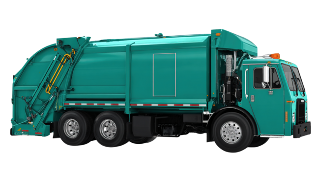 Isolated teal garbage truck on a black background offering waste management solutions