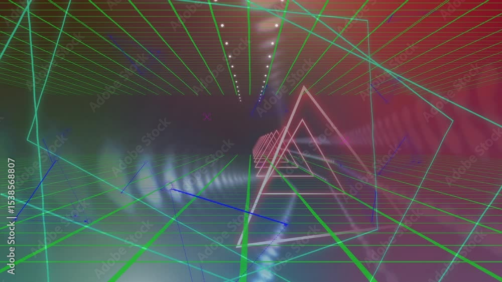 Poster appearing triangular wireframe racing, streaming dotted lights in neon grid tunnel, creating depth